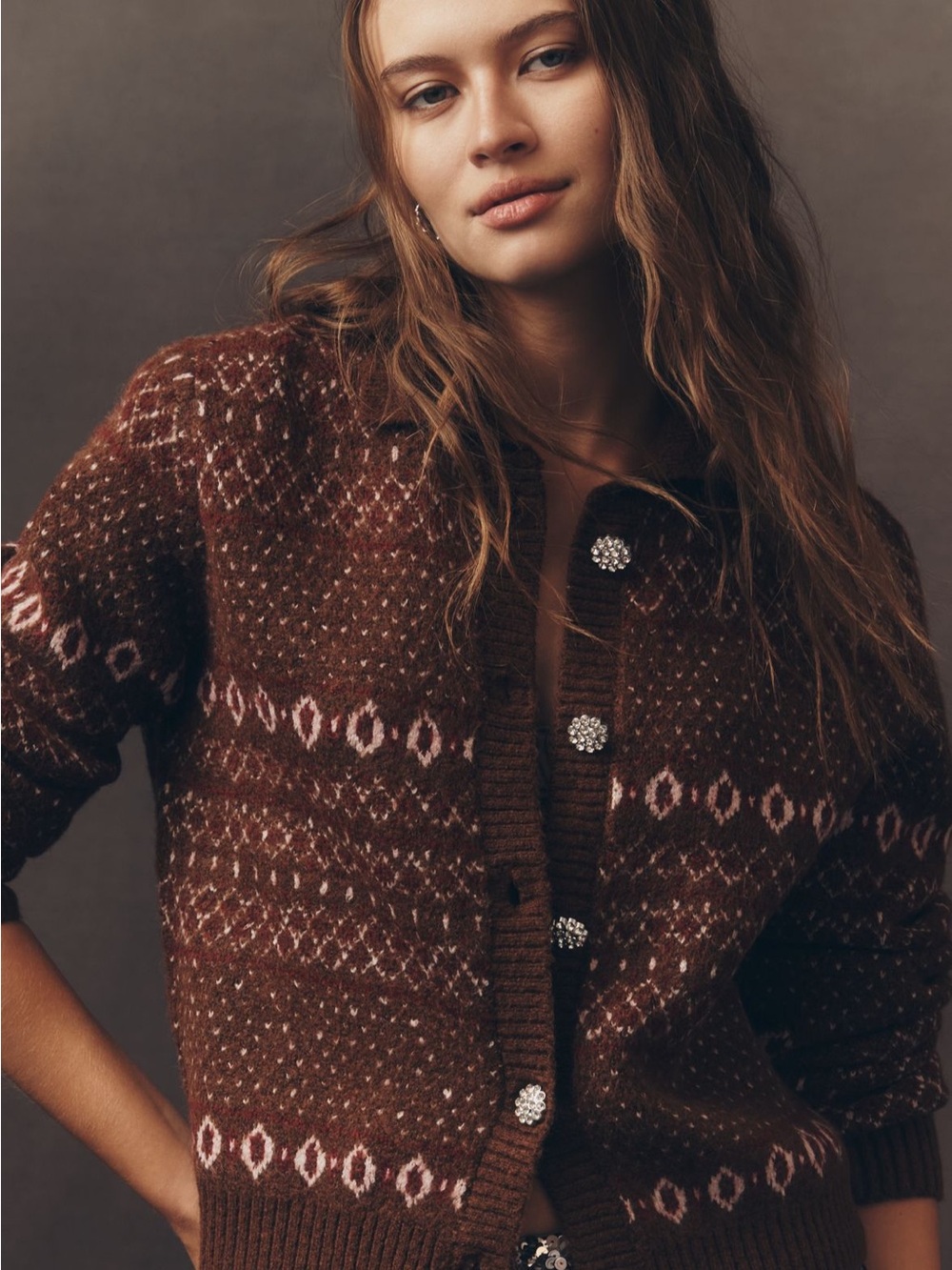 Design History Brown Knit Cardigan with Cream Pattern